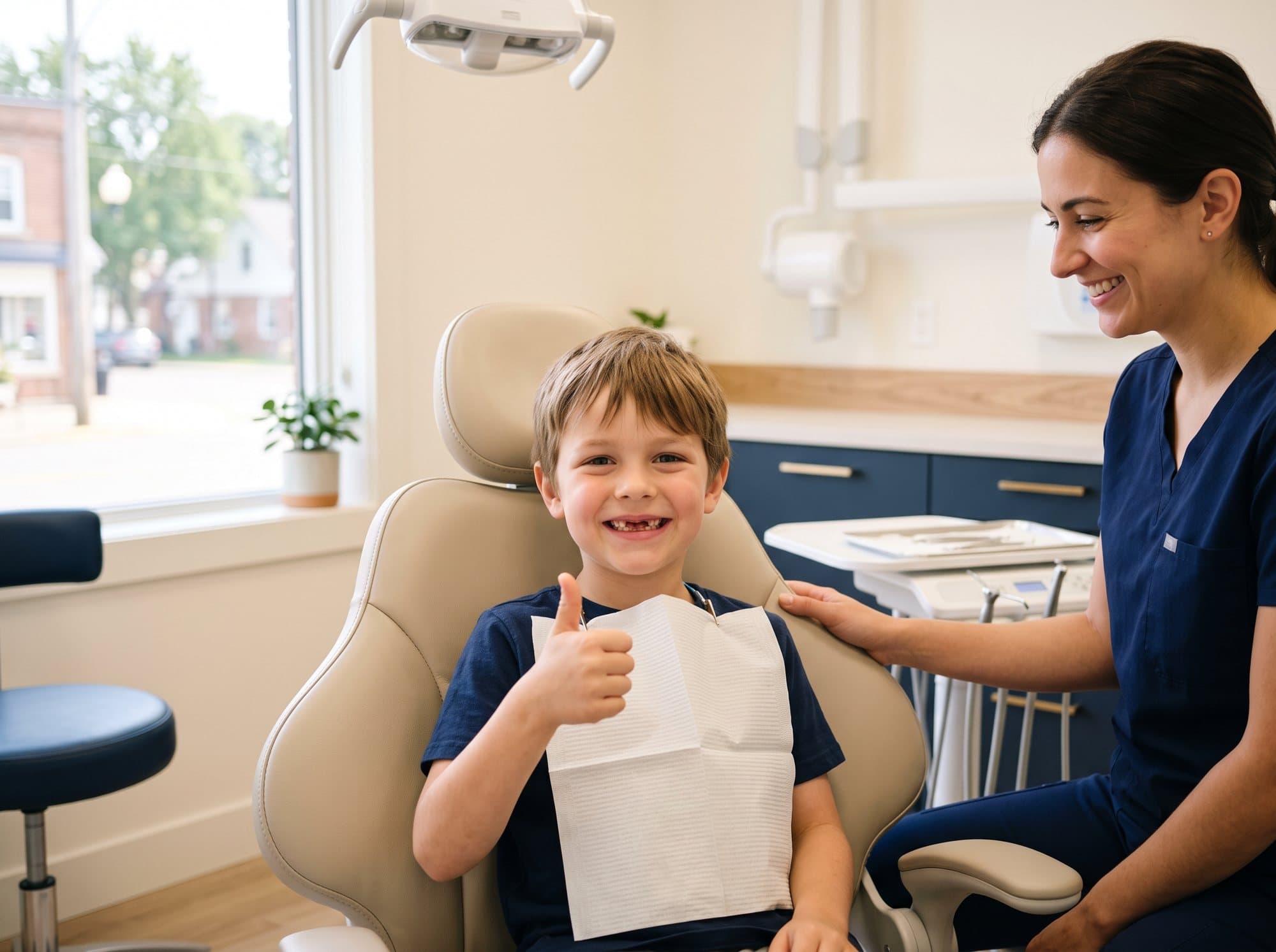 A young child smiling in the dental chair during a check-up at Riverside West Dental