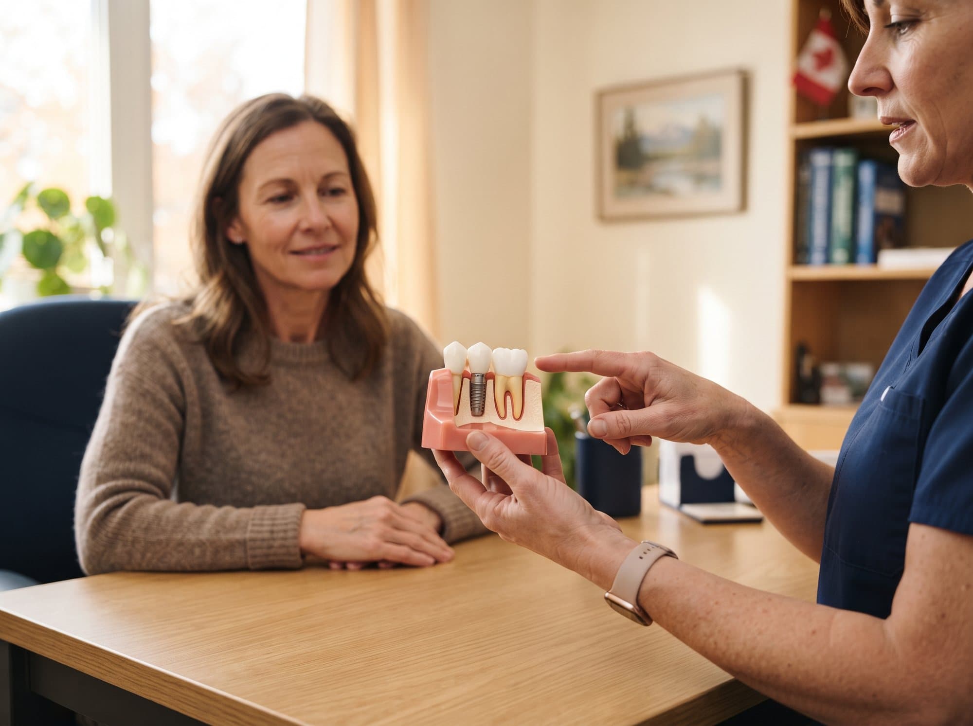 A dental implant model being explained to a patient at Riverside West Dental