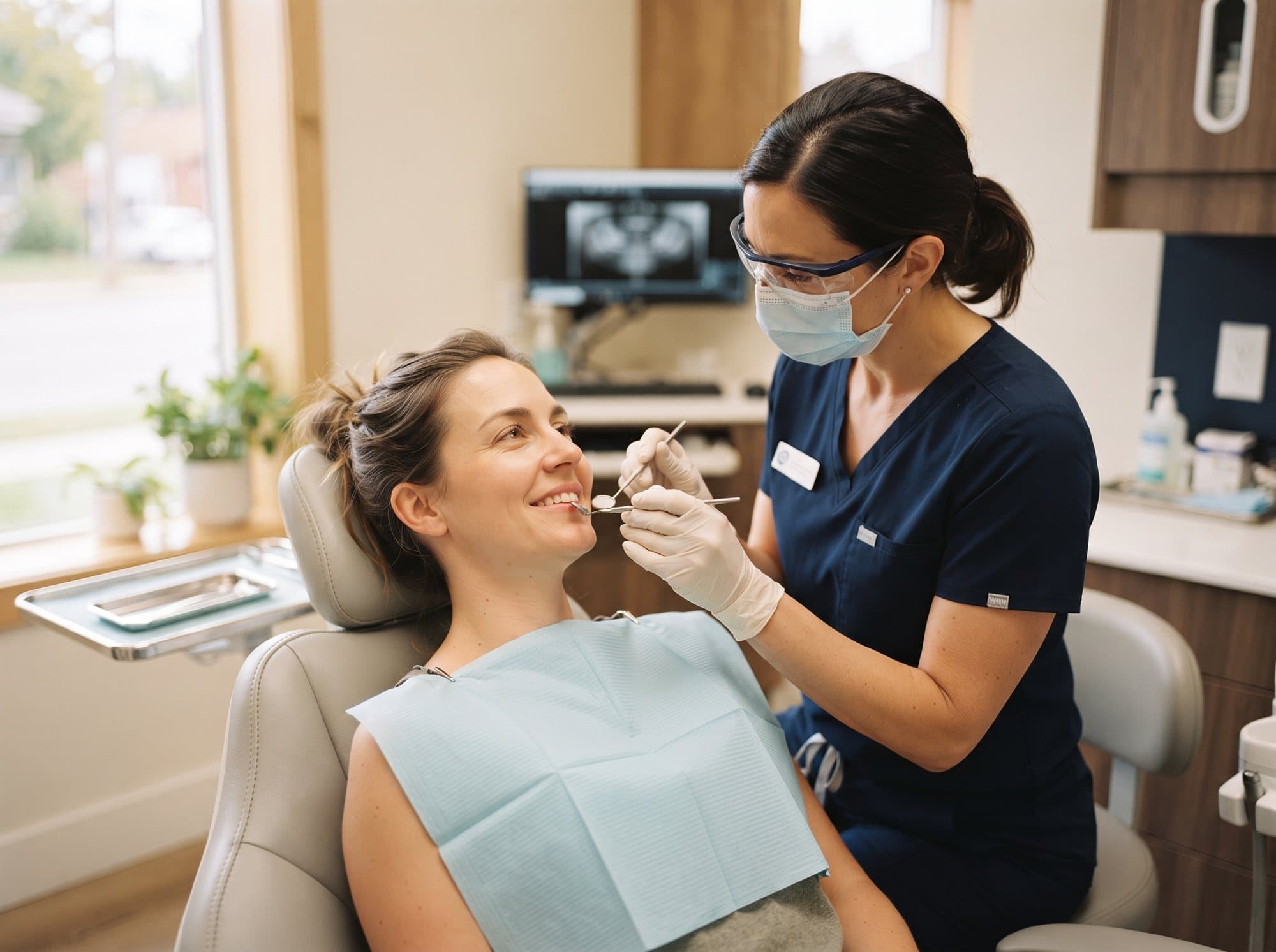 A dentist at Riverside West Dental examining a patient with a toothache