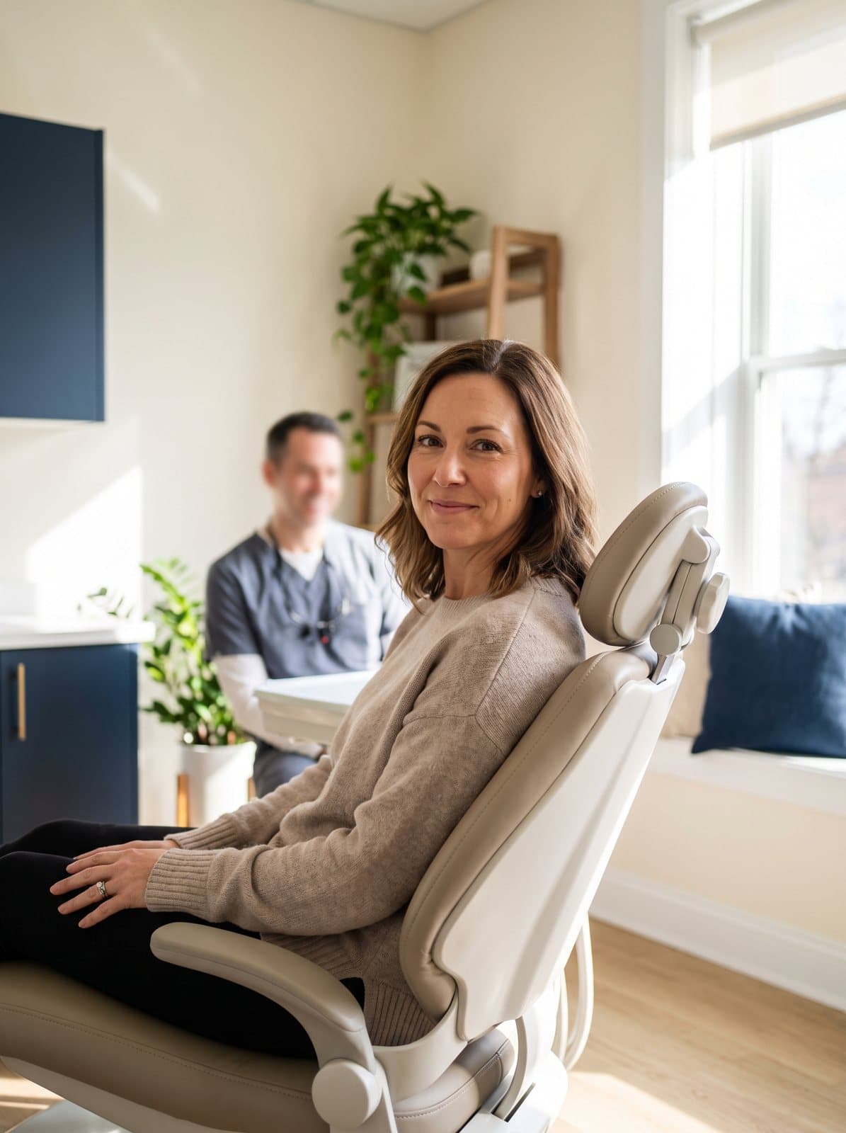 A relaxed patient smiling in a bright treatment room at Riverside West Dental in Owen Sound