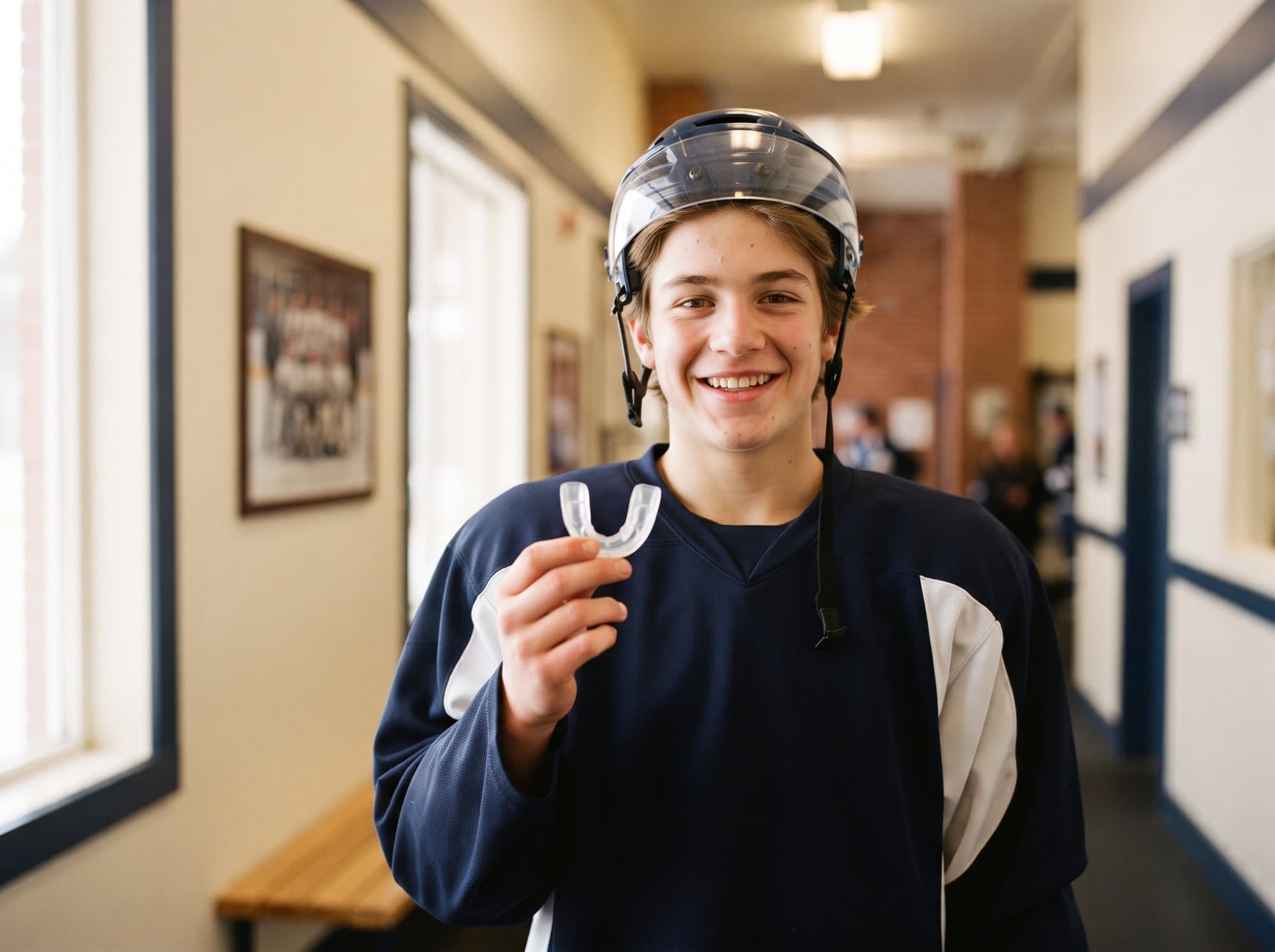 A custom sports mouthguard being fitted for a young hockey player at Riverside West Dental
