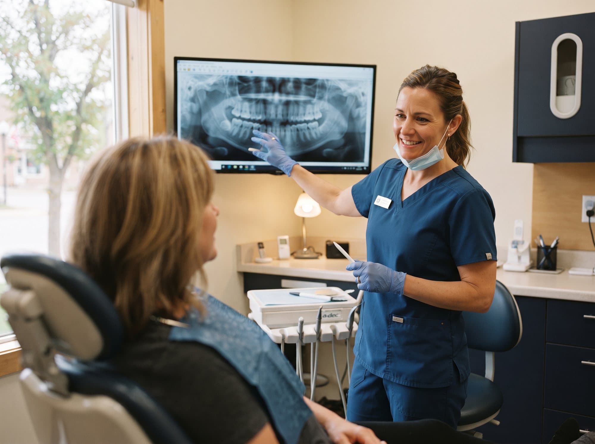 A digital dental X-ray displayed on a screen during an exam at Riverside West Dental