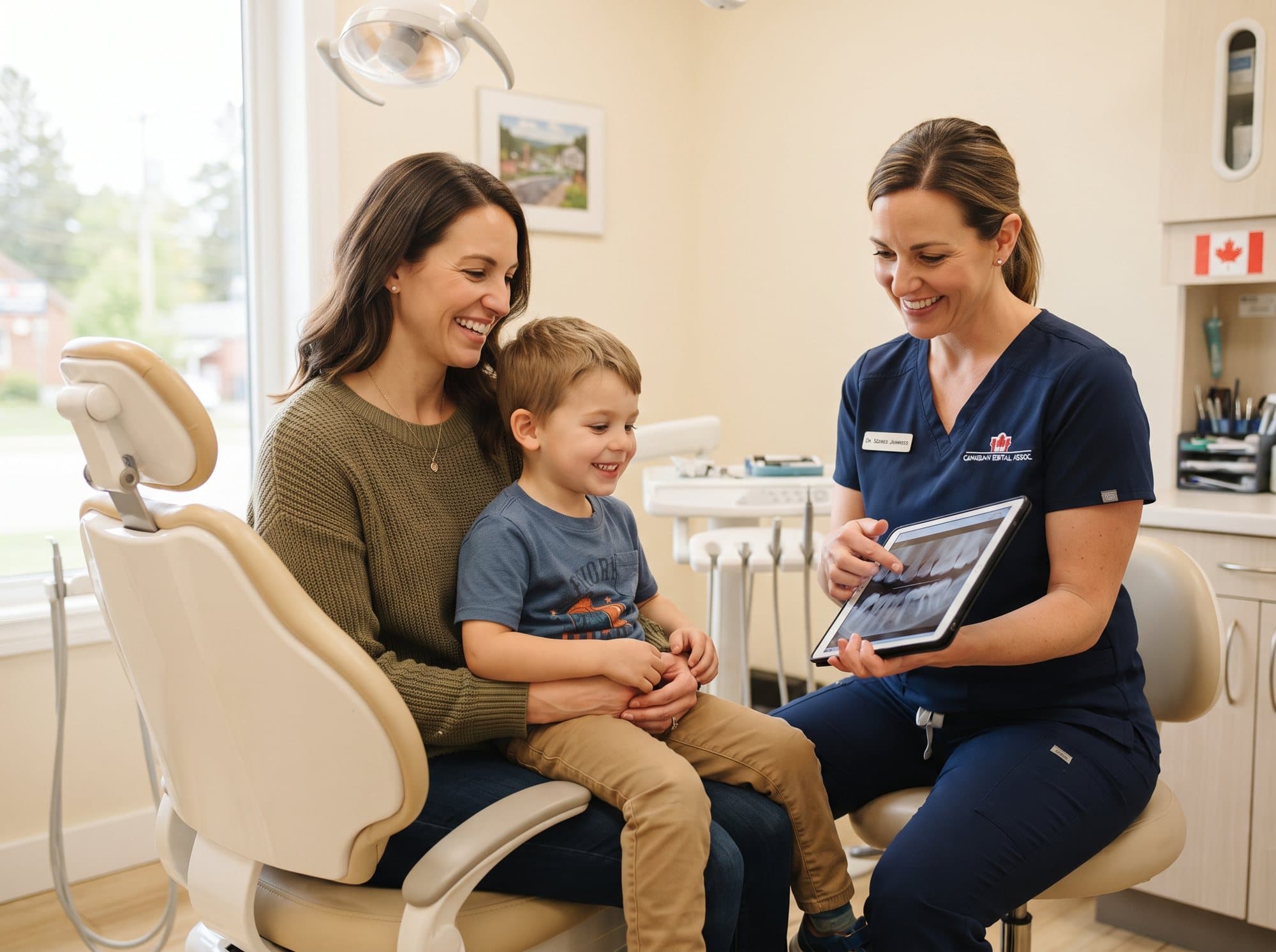 A parent and child sitting together in a dental chair at Riverside West Dental in Owen Sound
