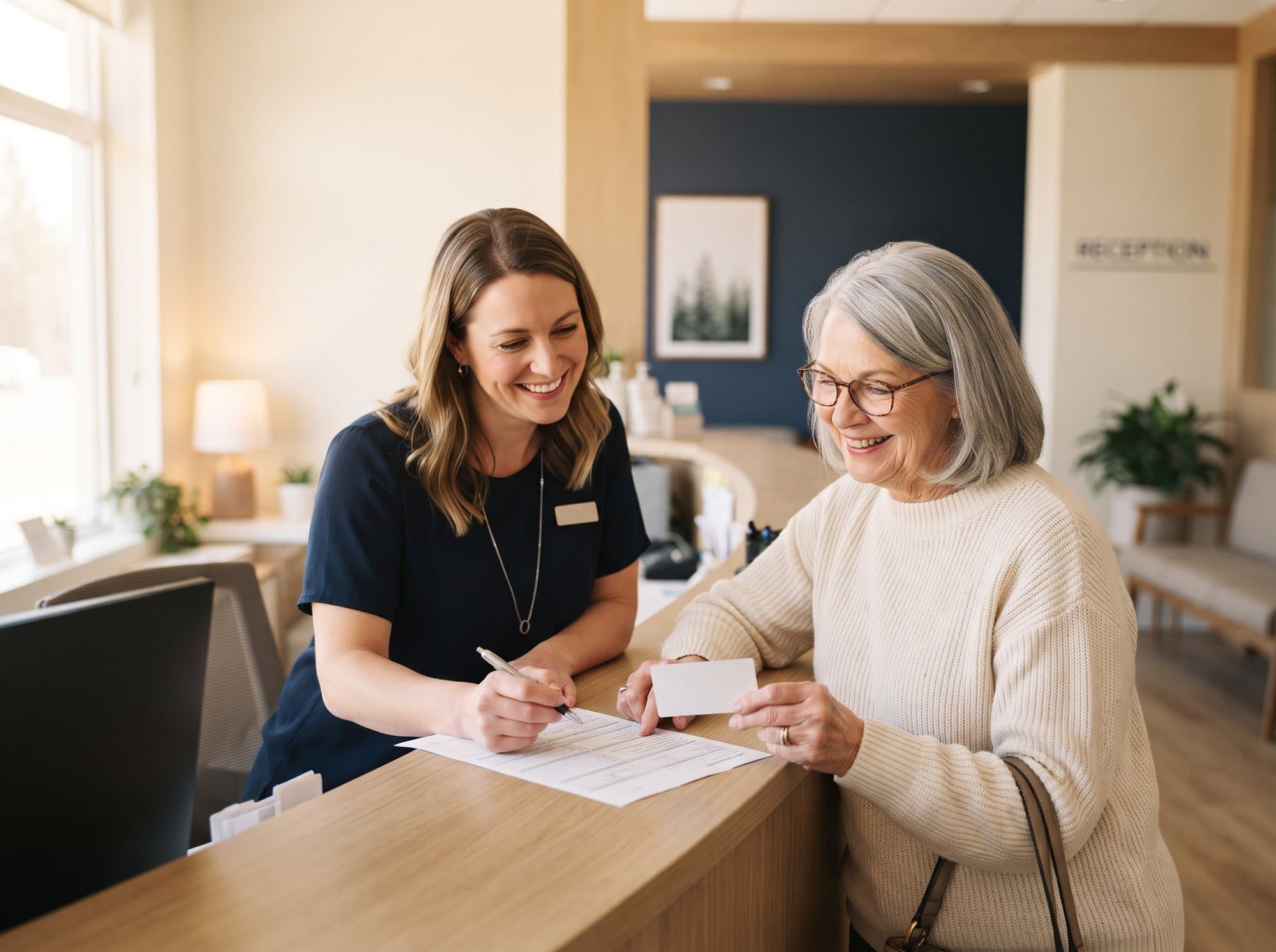 A front desk coordinator helping a patient with insurance paperwork