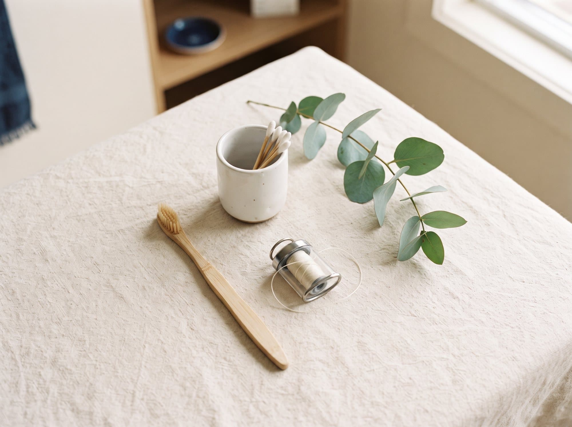 A simple flat lay of dental hygiene essentials